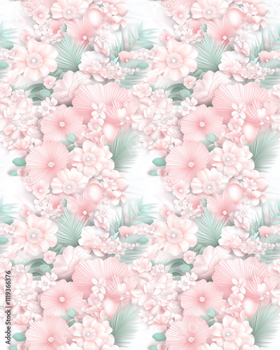 A floral pattern with pink flowers and green leaves. The flowers are arranged in a way that creates a sense of movement and depth. Scene is one of beauty and tranquility