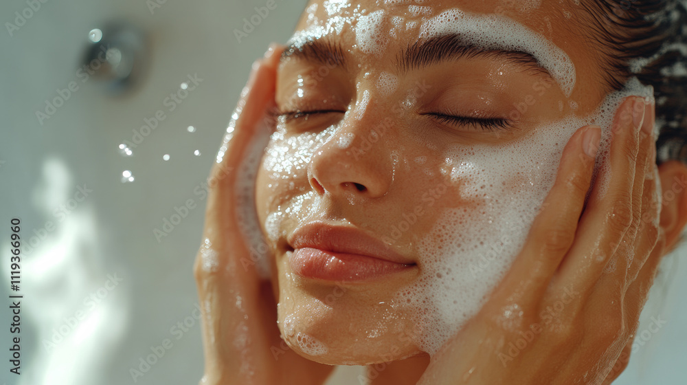 Closeup of person applying face scrub, enjoying refreshing skincare routine. foam creates soothing effect, highlighting importance of self care and relaxation Closeup of person applying face scrub, enjoying refreshing skincare routine. foam creates soothing effect, highlighting importance of self care and relaxation