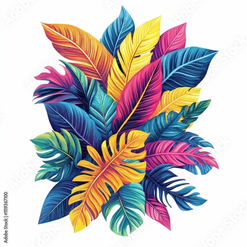 Vibrant of Lush Tropical Leaves and Foliage in a Nature Escape Design Perfect for T shirt Apparel or Adventure themed Branding and Packaging