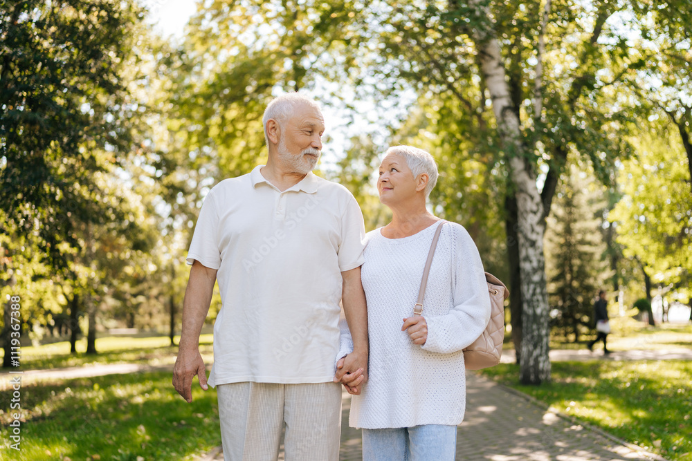 Portrait of beautiful senior couple loving looking at each other, holding hands, enjoying leisurely walk in summer park with lush green on background. Concept of happy retirement life. Portrait of beautiful senior couple loving looking at each other, holding hands, enjoying leisurely walk in summer park with lush green on background. Concept of happy retirement life.