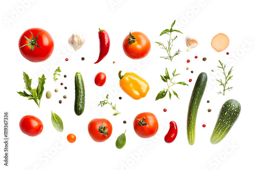 A vibrant arrangement of fresh vegetables including tomatoes, peppers, cucumbers, and herbs, perfect for healthy cooking and culinary presentations.