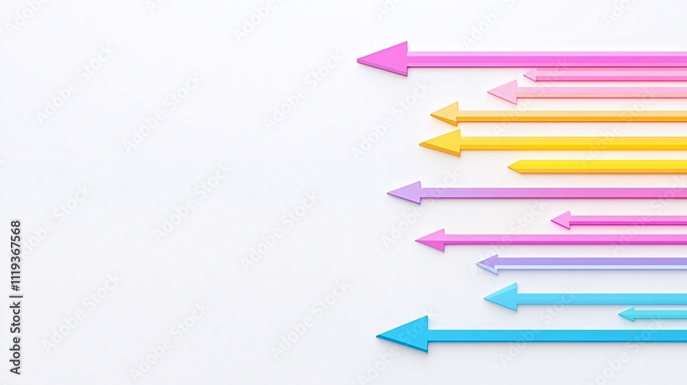 Colorful arrows pointing right on white background, illustrating growth, progress, or teamwork. Colorful arrows pointing right on white background, illustrating growth, progress, or teamwork.