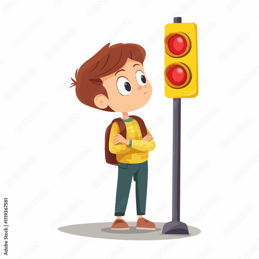 Young Boy Looking at Traffic Light - Vector Illustration Young Boy Looking at Traffic Light - Vector Illustration