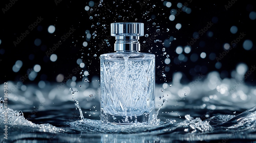 Luxurious Perfume Bottle in Water Splash: Elegant Fragrance Ad Luxurious Perfume Bottle in Water Splash: Elegant Fragrance Ad