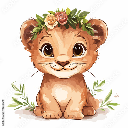 Cheerful Cartoon Lion Cub Wearing a Festive Wreath on its Head photo