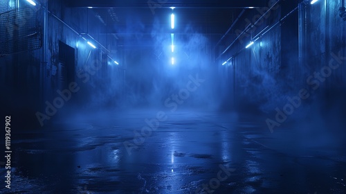 Dark street with wet asphalt and reflections of rays in the water, Ai Generative.