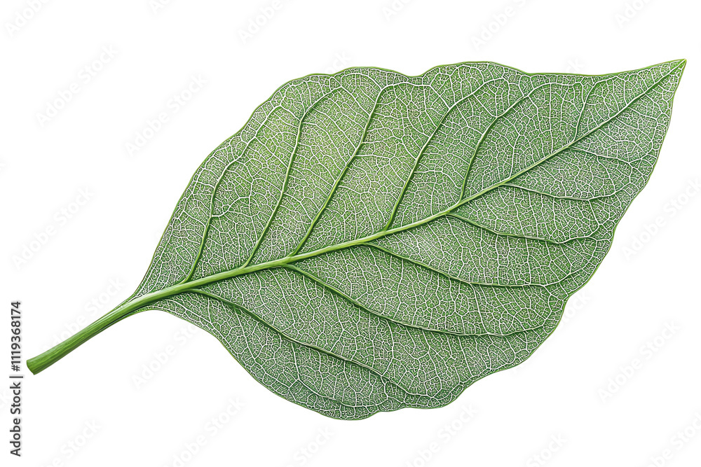 Obraz premium A vibrant green leaf showcasing intricate vein patterns and a smooth texture against a transparent background. Perfect for nature-themed designs.