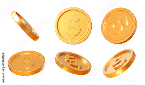 3D set realistic golden coins with dollar currency sign. Symbol of gold and wealth. Stock vector illustration on isolated background.