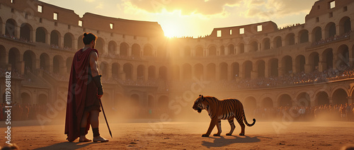 a roman gladiator stands in a dusty arena