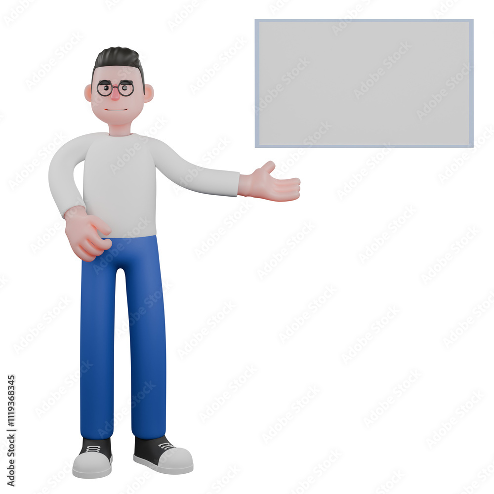 Video Editor Cartoon Character for Projects. A Male Video Editor stands in front of a whiteboard with one hand pointing towards the board, a smiling expression. 3D Illustration Design Video Editor Cartoon Character for Projects. A Male Video Editor stands in front of a whiteboard with one hand pointing towards the board, a smiling expression. 3D Illustration Design