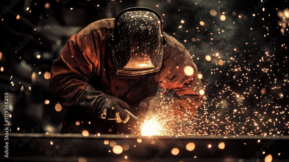 welder working, creating sparks in an industrial setting
