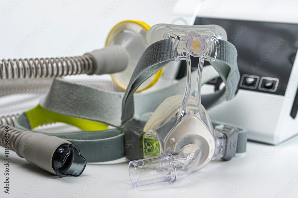 Continuous positive airway pressure system includes of CPAP machine, mask, tube on white background. Continuous positive airway pressure system includes of CPAP machine, mask, tube on white background.