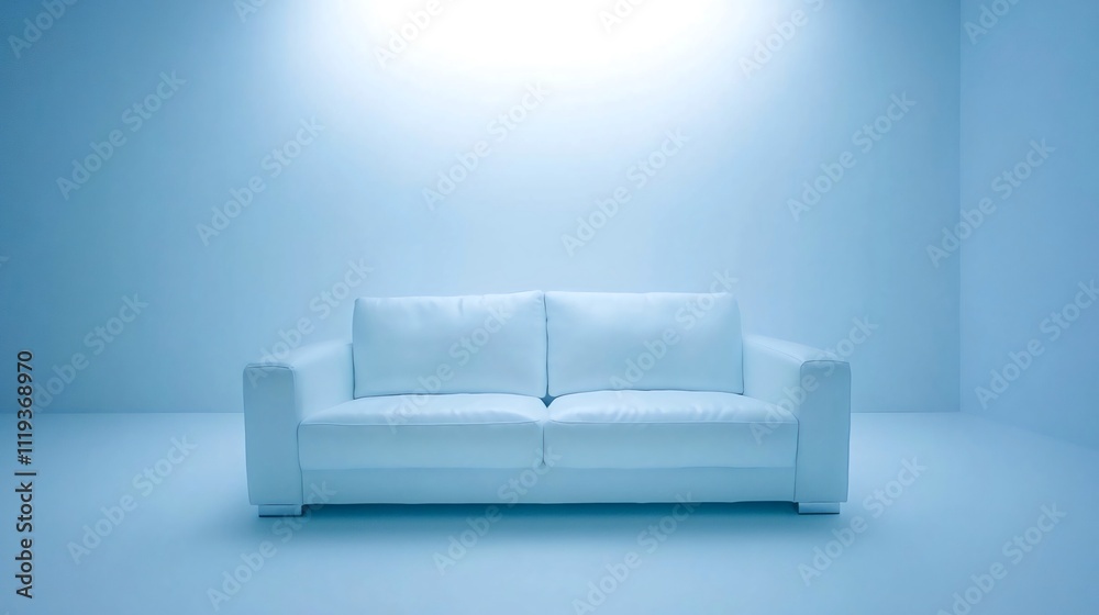 A white sofa sits in a minimalist, light blue room. Generative ai A white sofa sits in a minimalist, light blue room. Generative ai