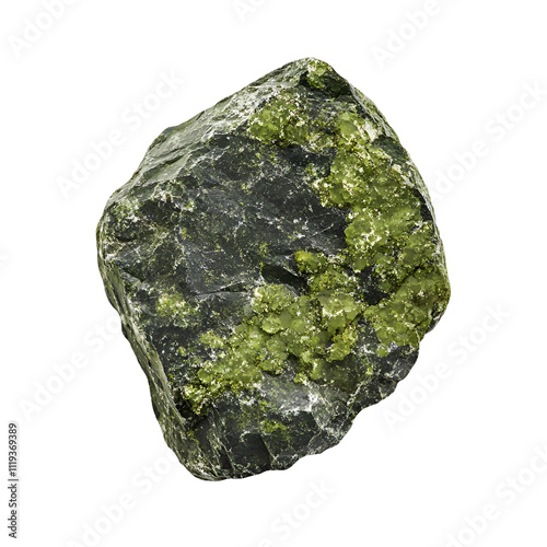Top view of a hyperrealistic single epidote rock in an irregular shape isolated on a white transparent background