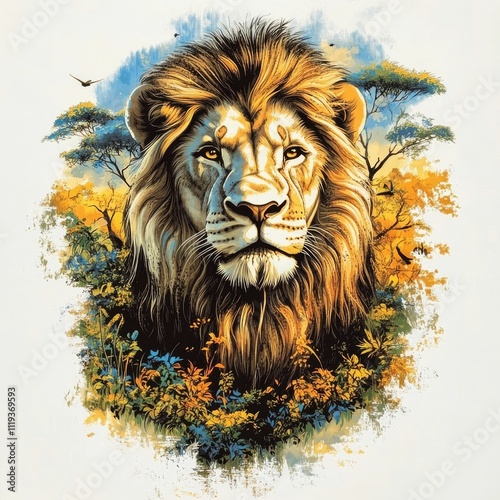 Detailed of a majestic lion set against a natural savanna backdrop capturing the essence of a safari inspired design  This powerful big cat portrait makes for a captivating t shirt graphic wall art photo