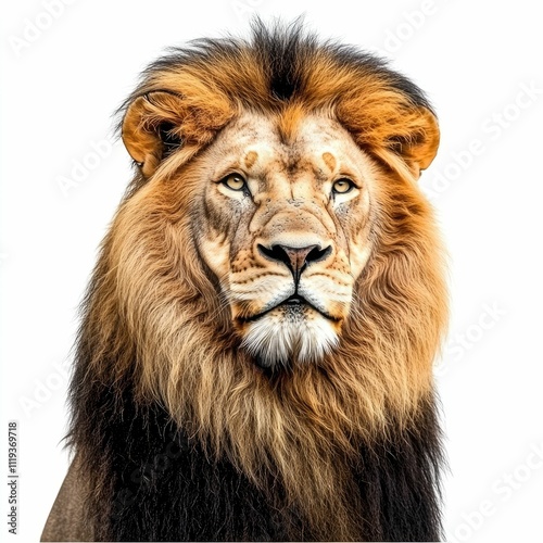 Majestic Lion King of the Savanna Textured Wildlife Safari Art Design Powerful and Fierce Big Cat Predator Roaring Portrait Close Up on Isolated White Background