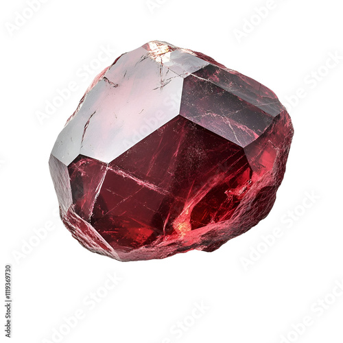 Top view of a hyperrealistic single garnet rock in an irregular shape isolated on a white transparent background