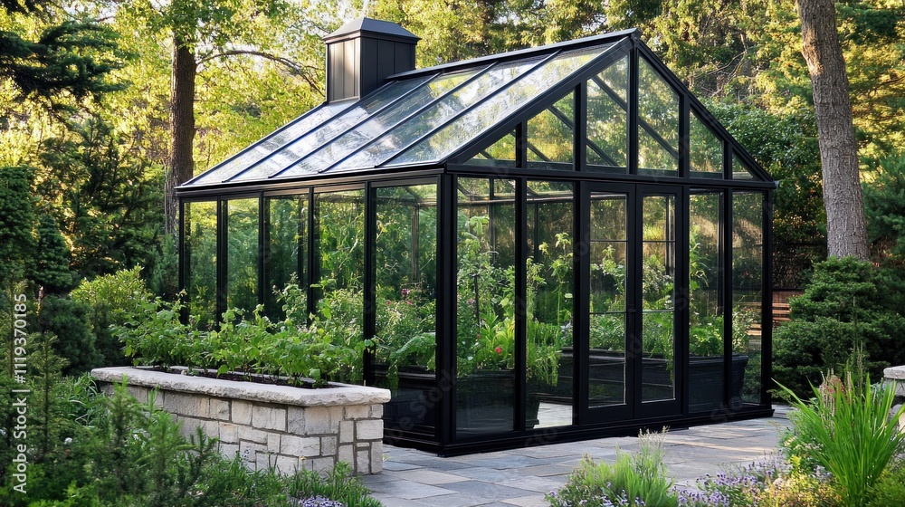 Elegant black greenhouse with plants in a lush garden setting. Elegant black greenhouse with plants in a lush garden setting.