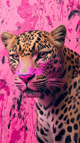 A bold AI-generated leopard portrait, accented with splashes of pink paint against a dynamic abstract background. The combination of fierce wildlife and artistic strokes creates a modern, eye-catching photo