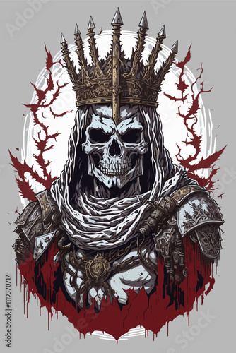 Regal Skeleton King in Dark Fantasy Illustration with Crown. Skeleton King Vector.