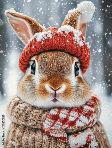A delightful of a reindeer bunny wearing a festive hat and scarf surrounded by snow and winter wonderland elements  This whimsical character embodies the joy and spirit of the holiday season