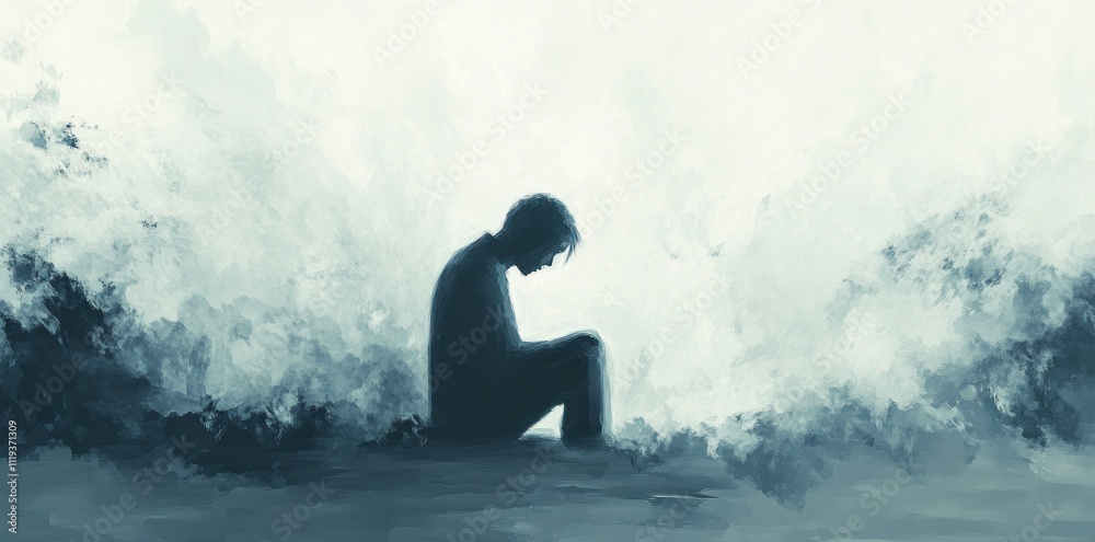 Obraz premium A Solitary Figure Crouches In A Bleak Landscape