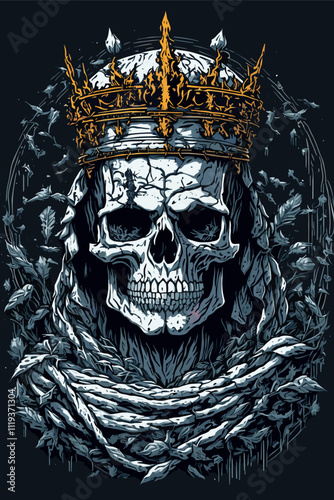 Majestic Skull with Golden Crown and Floral Elements. Skeleton King Vector.