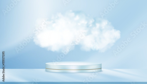 Blue background for winter sale,White cloud over 3d product podium cylinder with light on blue wall.Studio background with Smoke steam on round stage stand mockup for Summer cosmetic product present