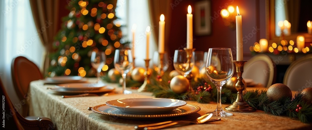 Luxury Christmas Dining Room Decorated with Gold Accents Candles and an Elegant Festive Ambiance. Luxury Christmas Dining Room Decorated with Gold Accents Candles and an Elegant Festive Ambiance.