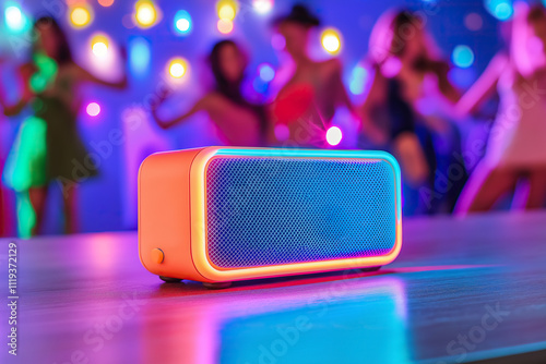 Portable Bluetooth Speaker on Table with Party Background, Neon Lighting, and Dancing People photo