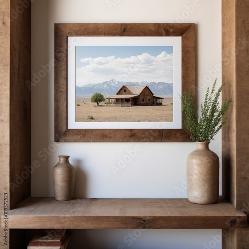 a perspective point of view of a minimalist style western ranch home with a single large elm wood picture frame sitting on a rustic wood shelf,
