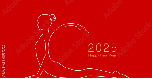 正月素材：ヨガと蛇のシンプルでおしゃれな年賀状素材（コブラのポーズ）