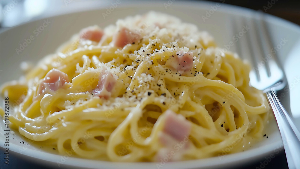 Spaghetti Carbonara with bacon and ham Spaghetti Carbonara with bacon and ham