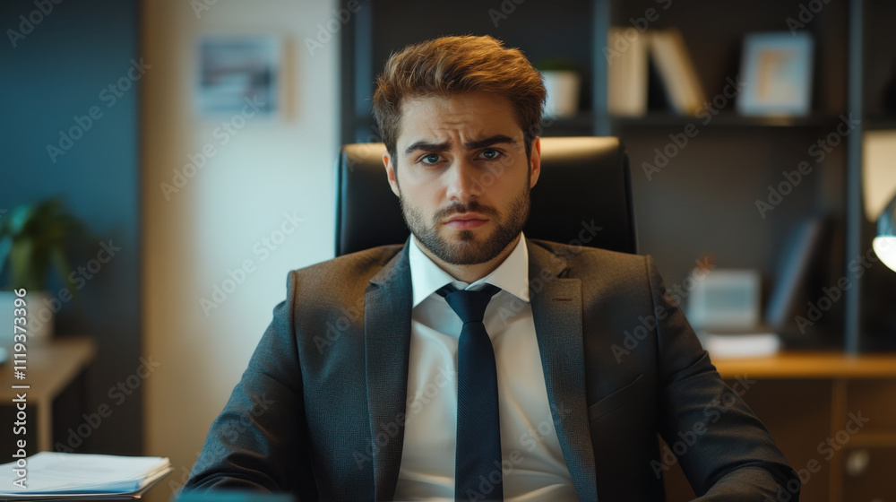 Naklejka premium serious young man in suit sitting in office, conveying determination and focus. modern workspace features shelves and plant, enhancing professional atmosphere
