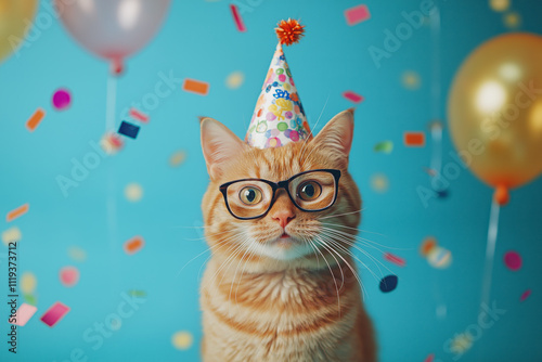 Cute Ginger Cat Wearing Glasses and Party Hat with Confetti and Balloons in Festive Celebration Scene