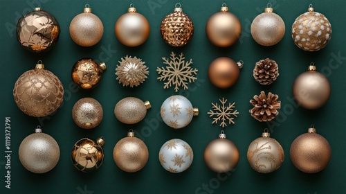 Gold and bronze Christmas ornaments arranged on green background. photo