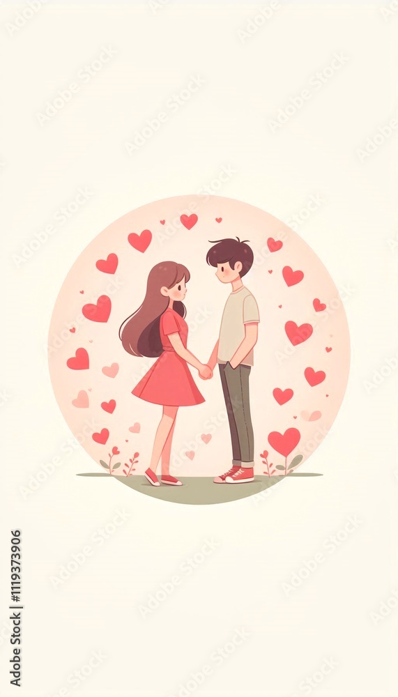 A young couple stands together, surrounded by hearts, looking into each other's eyes A young couple stands together, surrounded by hearts, looking into each other's eyes