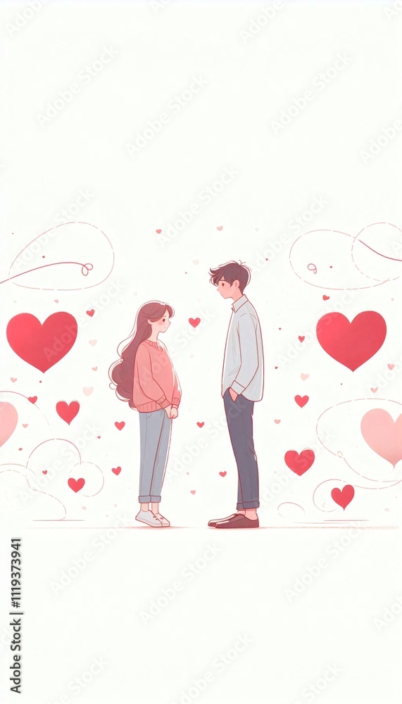 A young couple stands together, surrounded by hearts, looking into each other's eyes A young couple stands together, surrounded by hearts, looking into each other's eyes