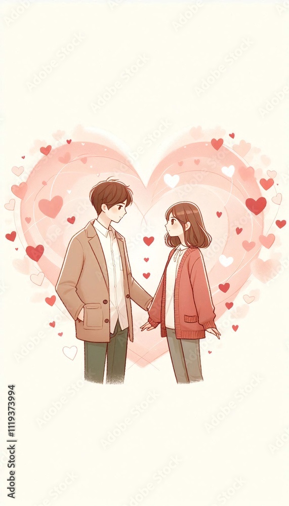 A young couple stands together, surrounded by hearts, looking into each other's eyes A young couple stands together, surrounded by hearts, looking into each other's eyes
