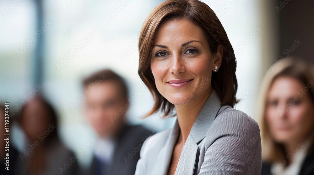 confident woman smiling during team meeting, showcasing leadership and professionalism. Her presence inspires collaboration and engagement among colleagues confident woman smiling during team meeting, showcasing leadership and professionalism. Her presence inspires collaboration and engagement among colleagues
