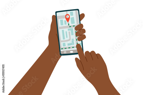 Human hands holding phone with a screen showing the route of travel isolated on white. Point of destination. Vector clipart illustration.