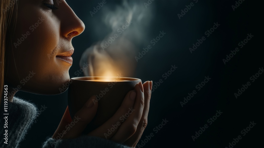 custom made wallpaper toronto digitalA close-up of a woman enjoying the aroma of a steaming cup of coffee in low light, creating a warm and intimate mood with soft highlights on her face