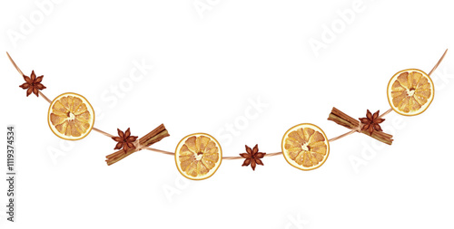 Vector illustration of an eco-friendly garland featuring dried orange slices, cinnamon sticks, and star anise, ideal for sustainable Christmas and rustic holiday decorations.