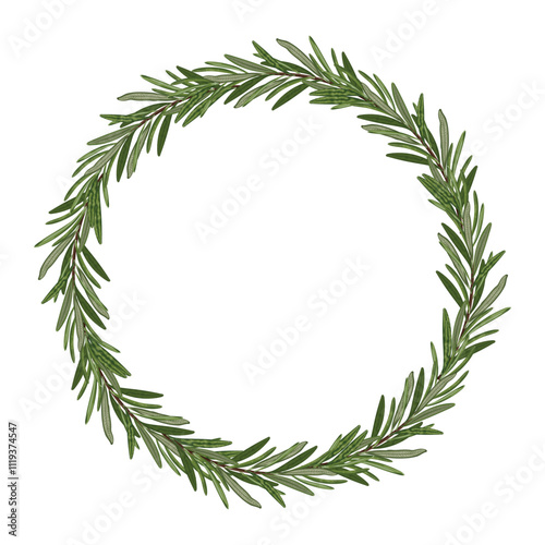 Minimalistic vector illustration of a rosemary wreath, perfect for eco-friendly Christmas decor or sustainable celebrations, featuring natural green leaves in a circular design.