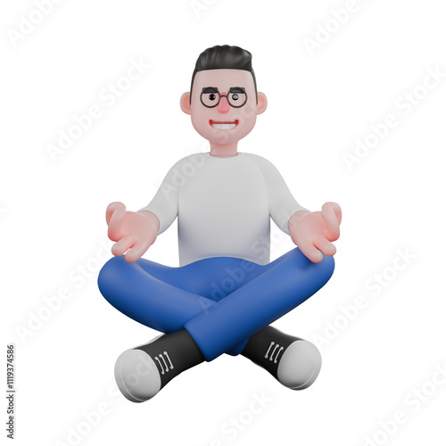 Video Editor Cartoon Character for Projects. A Male Video Editor sitting on floor with legs crossed, hands on knees, gentle smile on face. 3D Illustration Design