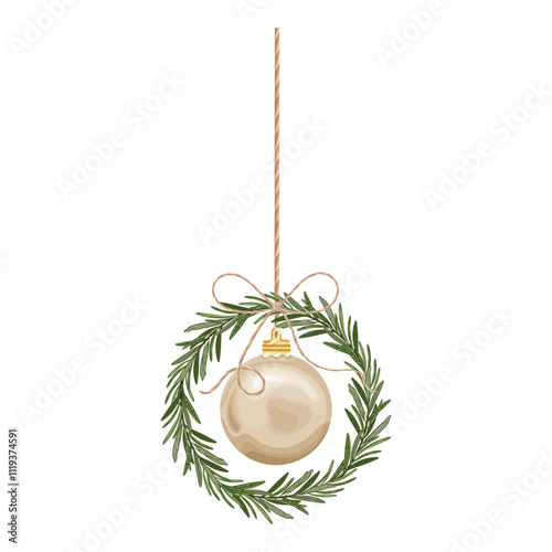 Minimalist vector illustration of a rosemary wreath with a gold bauble on a string, symbolizing eco-friendly Christmas decor for sustainable celebrations, combining natural, elegant festive elements.