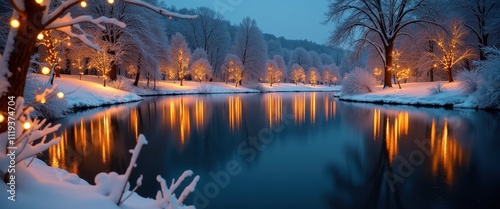 Holiday Lights Reflecting on a Calm Winter Pond Surrounded by Snow-covered Trees.