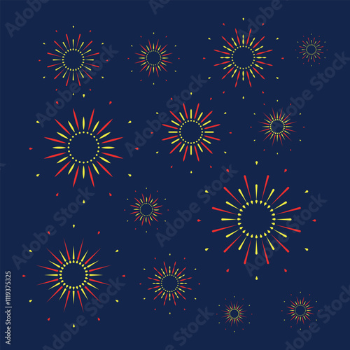 Exploding colorful fireworks. Flat style. Design concept for holiday banner, poster, flyer, greeting card, decorative elements.Vector illustration