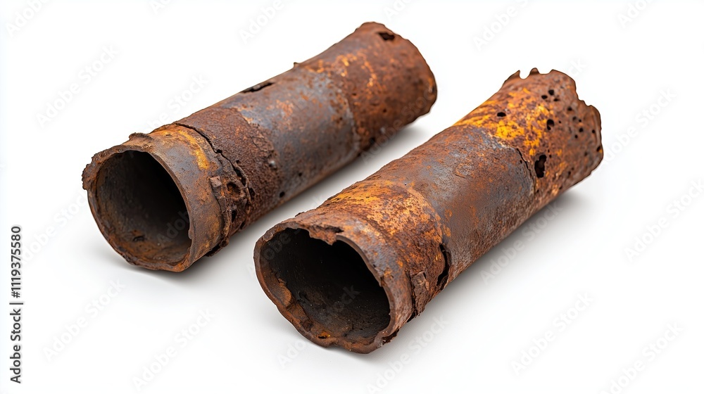 Very old rusty pieces of drainage pipes on a white background, isolated Very old rusty pieces of drainage pipes on a white background, isolated