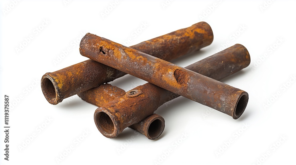 Very old rusty pieces of drainage pipes on a white background, isolated Very old rusty pieces of drainage pipes on a white background, isolated